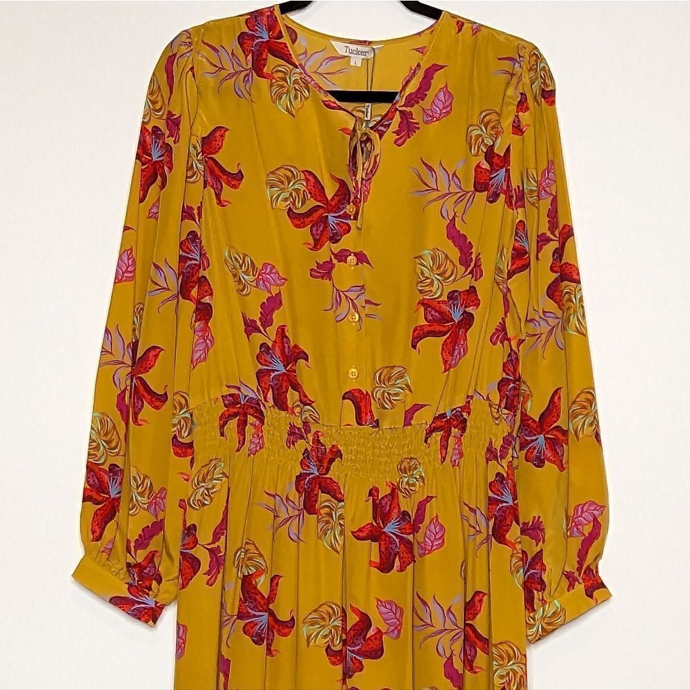 Tucker Juliette Dress Lime Lily in Silk Crepe de Chine Midi Long Sleeves Floral